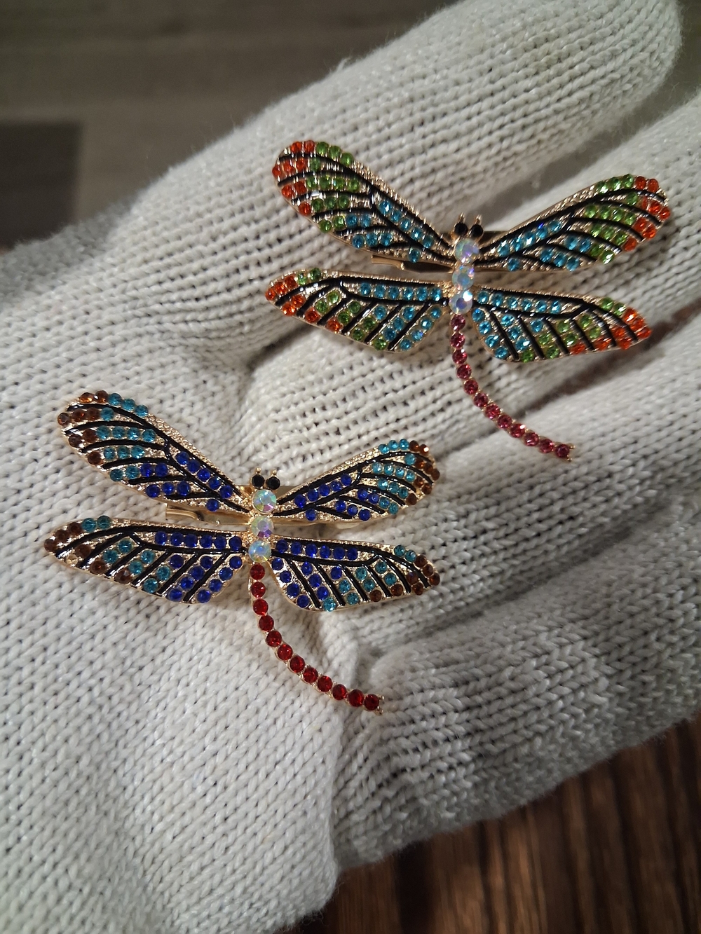 Pair Of Multicolor Dragonfly Brooches - Blue, Green, Red
